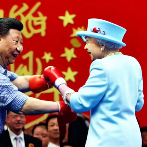 Image similar to Xi Jinping in a boxing match with the Queen of England,