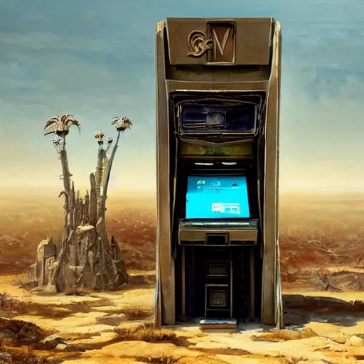 Image similar to detailed painting of a scifi abandoned atm, celestial ephemeral ornaments and art nouveau architecture, artstation, h. r giger, in africa, cinematic