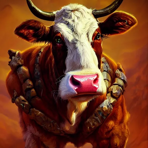 Image similar to portrait of a very very cute cow barbarian, muscular, wild, upper body, d & d, fantasy, intricate, cinematic lighting, highly detailed, digital painting, artstation, concept art, smooth, sharp focus, illustration, art by hajime sorayama