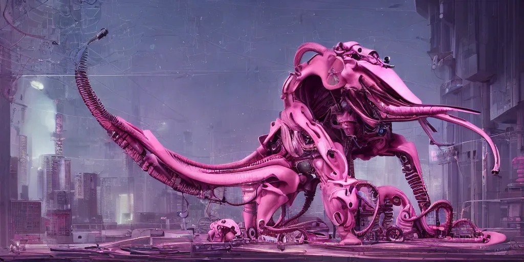 Prompt: a antropomorphic pink elephant playing a giantic analogic synthsizer with a lot of button potenciometers and iron cables, futuristic, cyberpunk, biomechanical, xenomorphic, steampunk, biopunk, nanopunk, biohacking, photorealistic, ultra detailed, 4 k, chomatic aberration, dof