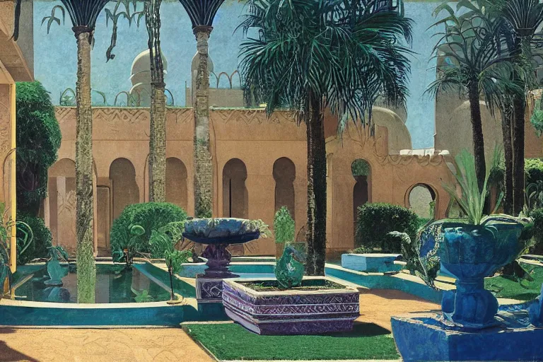 Image similar to painting of a beautiful moorish palace courtyard garden, by arkady rylov and alayna danner and maxfield parrish, patterned tilework, palm trees, tiled fountains, extremely detailed, cinematic lighting, smooth sharp focus