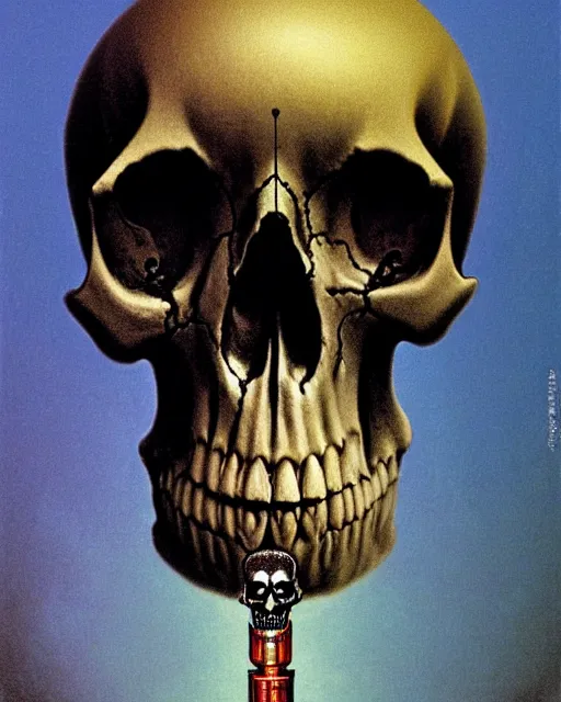 Image similar to portrait of a skull with bullet casings in its eyesocket instead of eyes by zdzislaw beksinski, key art, iridescent accents