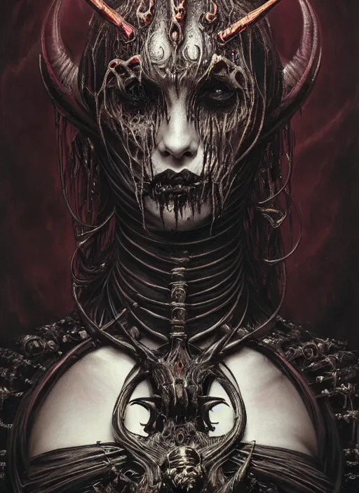 Image similar to masterpiece portrait of an beautiful satanic demon with gothic armor, surrounded by black liquid occult swirls, horror, dramatic lighting, h. r. giger, beksinski, alphonse mucha, artgerm, donato giancola, tom bagshaw, trending on cgsociety, octane render, 8 k