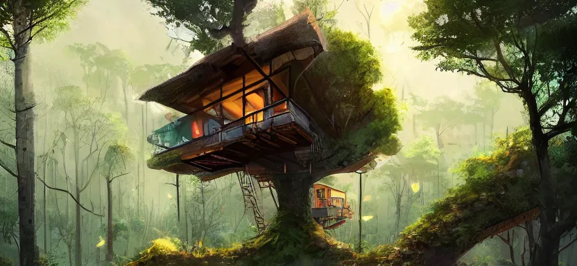 Image similar to sustainable treehouses single family homes powered completely by renewable energy in a densely populated forest a digital illustration by jordan grimmer, trending on artstation, ray tracing on, unreal engine