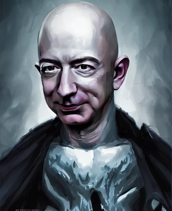 Image similar to a grimdark fantasy concept art portrait of jeff bezos sitting on a dark and evil throne