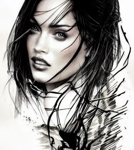 Image similar to double exposure effect tattoo design sketch of megan fox with beautiful mountain scenery, realism tattoo, in the style of matteo pasqualin, amazing detail, sharp