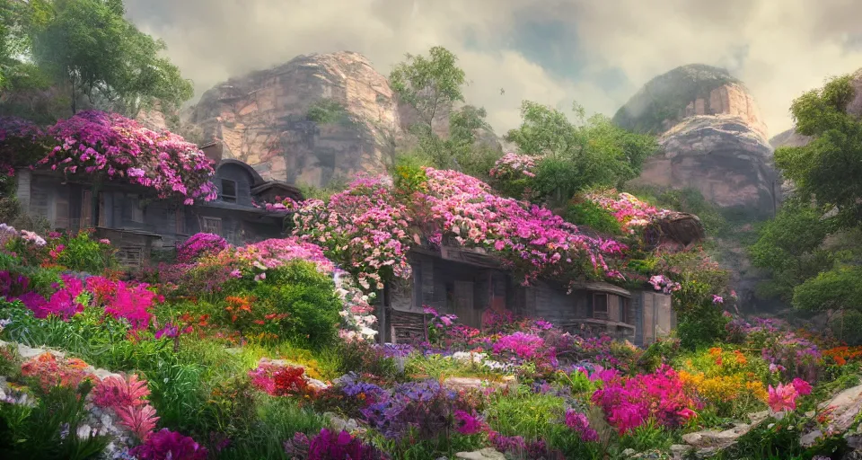 Prompt: small house in canyon filled with flowers, giant space ship in the background, photorealistic, trending on artstation, moody