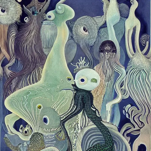 Prompt: A beautiful art installation of a group of creatures that looks like a mix of different animals. Most of the creatures have human-like features, such as arms and legs, and some are standing upright while others are crawling or flying. overhead view by Kay Nielsen soft, organic