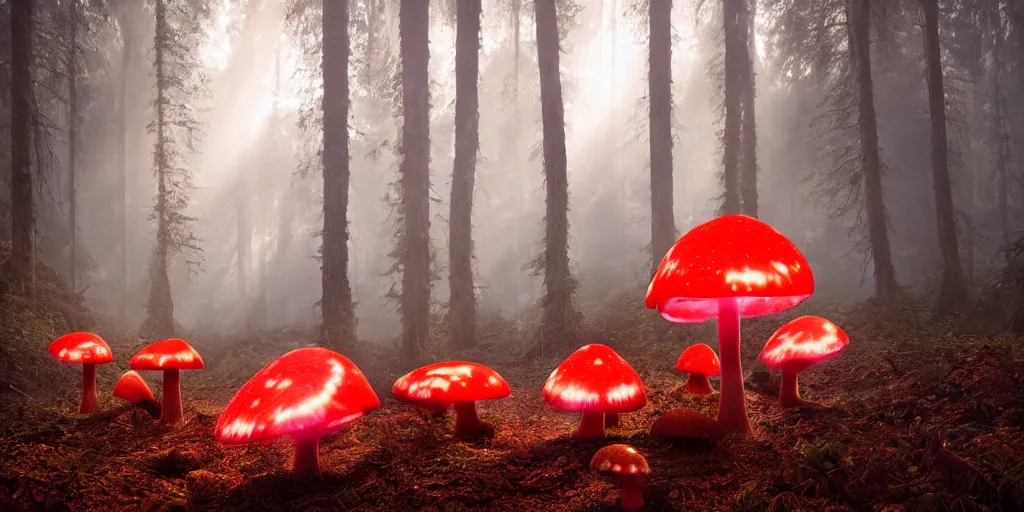 Prompt: Photo by Filip Hodas of the cinematic view of the Forest of the Giants, various giant mushrooms, some little mushrooms on the floor, A very big red mushroom with white spots, photorealism, a few sun ray of lights falling with dust, photo taken with canon 5D