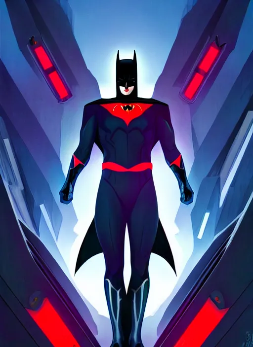 Image similar to symmetry!! portrait of batman beyond, 1 9 9 9 tv series, skinny sci - fi, tech wear, glowing lights!! intricate, elegant, highly detailed, digital painting, artstation, concept art, smooth, sharp focus, illustration, art by artgerm and greg rutkowski and alphonse mucha