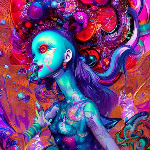Prompt: artwork inspired by archan nair, james jean isolated deepdream vinyl figure harajuku anime character design, figure photography, dynamic pose, holographic undertones, glitter accents on figure, anime stylized, accurate fictional proportions, high delicate defined details, ethereal lighting