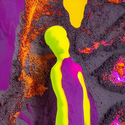 Prompt: 3D statue!!!, purple shattered paint!, glowing lava!!!, conglomerate!, slush!!, organized composition!, abstract!, black backdrop!, 4k!, award-winning photo!!!!