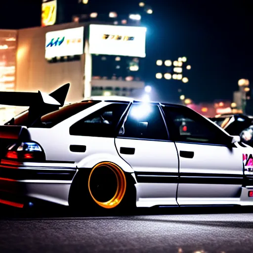 Image similar to a car JZX100 twin turbo drift at illegal car meet, Shibuya prefecture, city midnight mist lights, cinematic lighting, photorealistic, highly detailed wheels, high detail