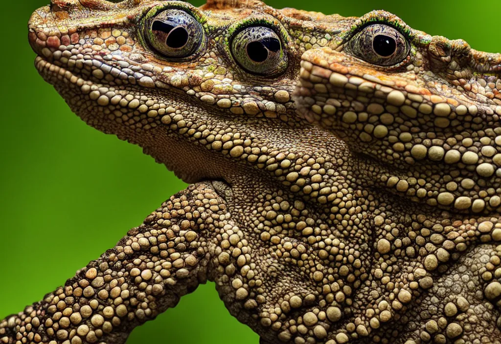 Prompt: An award winning photo of Tokay crocodile chameleon looking at the camera, nature photography, National Geographic, 4k