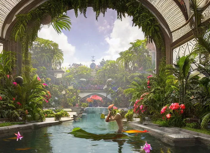 Image similar to ultra realistic, artstation, concept art, by artgerm and greg rutkowski and alphonse mucha and wlop cathedral interior with koi pond in the middle surrounded by palm trees, ivy, flowers, tropical plants, roses, and with archways. rendered in octane render with photorealistic lighting