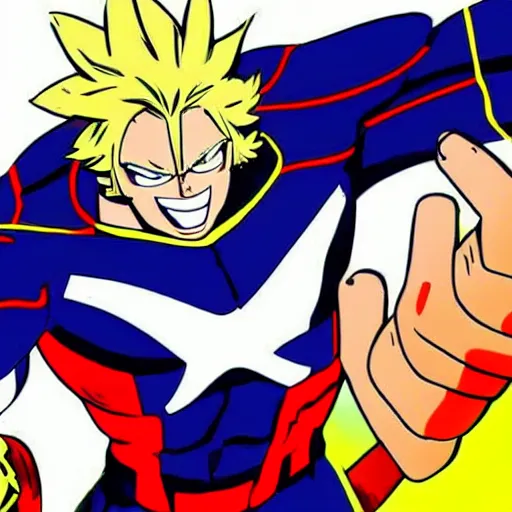 Prompt: all might from my hero academia anime holding a frog