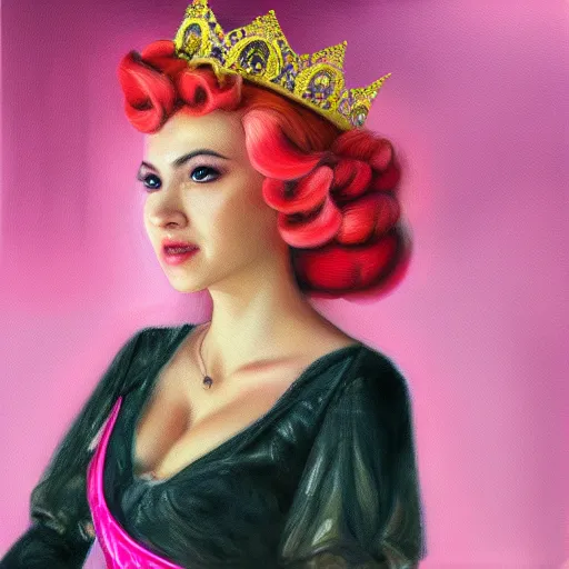 Prompt: An ultra realistic portrait painting of Princess Peach wearing his pink dress and golden tiara, 4k, Ultrarealistic, Highly Detailed, Dark Fantasy, Epic Lighting