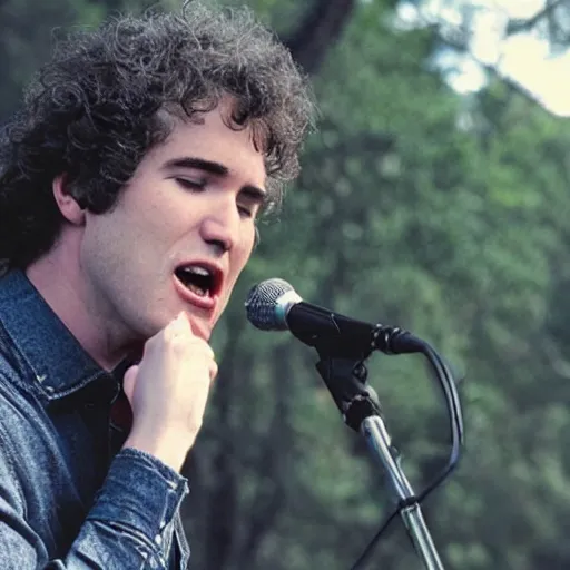 Prompt: Tim Buckley singing in a park, Cinematography by Roger Deakins