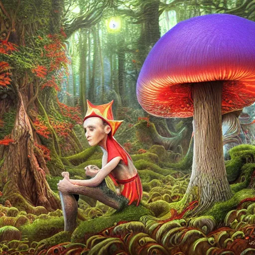 Prompt: Close up hyper detailed fantasy mushroom elf elves in the forest digital art, 4k, artstation deviantart concept art studio lighting by jacek yerka, alex gray, zdzisław beksiński, dariusz zawadzki, jeffrey smith and h.r. giger, oil on canvas, 8k highly professionally detailed, trending on artstation