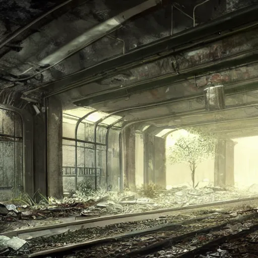 Prompt: an abandoned post apocalyptic subway station with an old decaying train, overgrown, sunlight, concept art, award winning