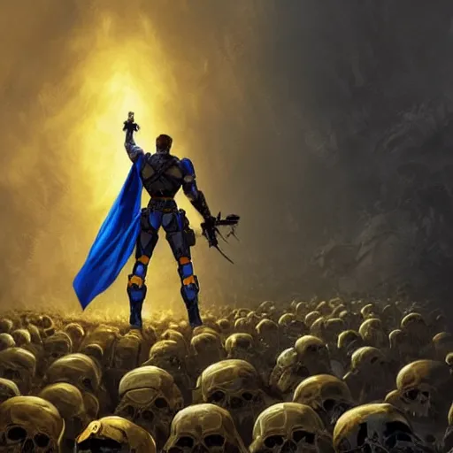 Image similar to a full body shot from distance from behind of a super soldier with a yellow and blue flag standing on a huge pile of skulls in triumph after battle, western, D&D, fantasy, intricate, elegant, highly detailed, digital painting, artstation, concept art, matte, sharp focus, symmetrical, illustration, art by Artgerm and Greg Rutkowski and Alphonse Mucha