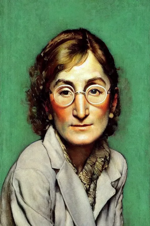 Prompt: portrait of a woman!!! john lennon as a woman!!!! by norman rockwell! green background