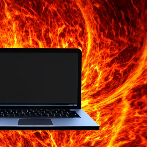 Image similar to a demon ~ using a laptop ~ lava background ~ sitting on a chair ~, 4 k, ultra hd