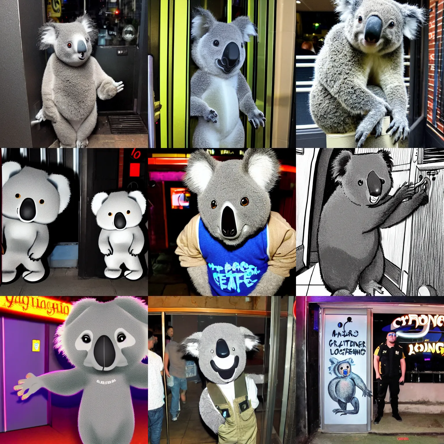 Prompt: cartoon gansgter koala bouncer standing outside nightclub door at midnight