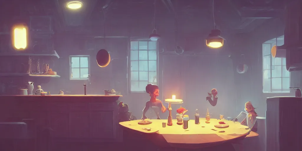 Image similar to cute solitary kitchen dim lit by a candle ripped physique simon stalenhag gerald brom bastien grivet by greg rutkowski, game background, fisheye lens, high angle view