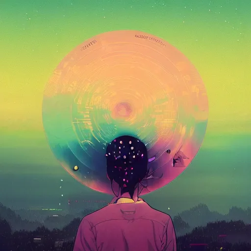 Image similar to a music disc by inio asano, beeple and james jean, aya takano color style, 4 k, super detailed, night sky, digital art, digital painting, celestial, majestic, colorful