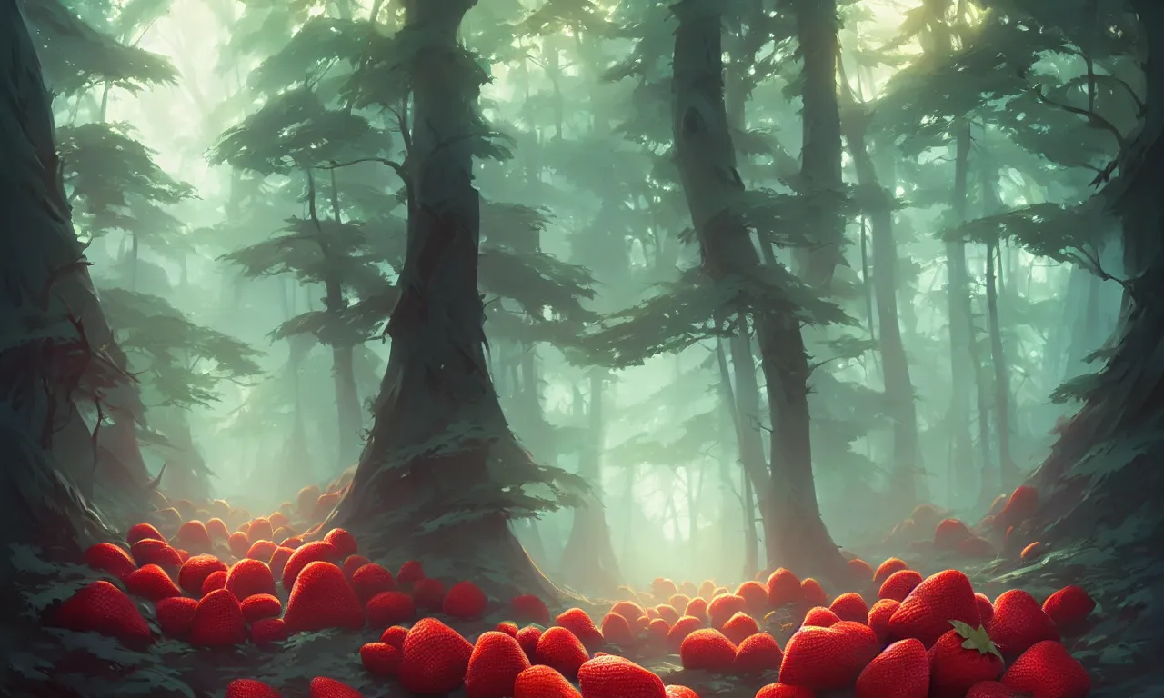 Image similar to Dark forest large strawberries, behance hd by Jesper Ejsing, by RHADS, Makoto Shinkai and Lois van baarle, ilya kuvshinov, rossdraws global illumination