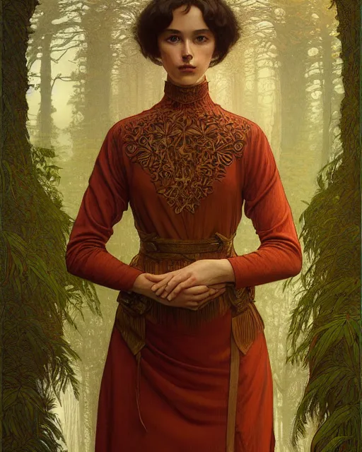 Prompt: symmetry portrait of welsh brunette student in mans tunic, embroidery, tomboy, short hair, intricate forest background, intricate, elegant, highly detailed, digital painting, artstation, concept art, smooth, sharp focus, illustration, art by artgerm and greg rutkowski and fra angelico and alphons mucha
