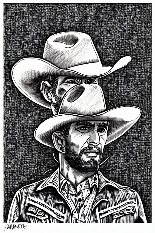 Image similar to a line drawing of a cowboy by joe fenton, trending on artstation, realistic rendering