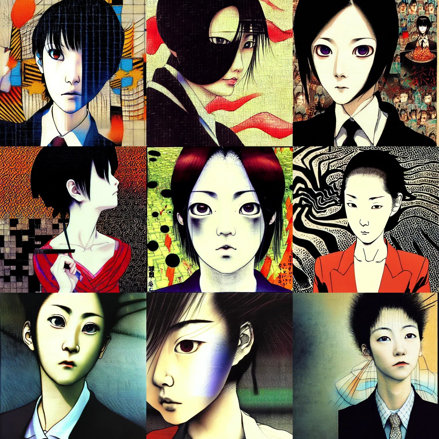 Prompt: yoshitaka amano ( ( blurred ) ) and dreamy realistic three quarter angle portrait of a young woman with short hair and black eyes wearing office suit with tie, junji ito abstract patterns in the background, satoshi kon anime, noisy film grain effect, highly detailed, renaissance oil painting, weird portrait angle, blurred lost edges