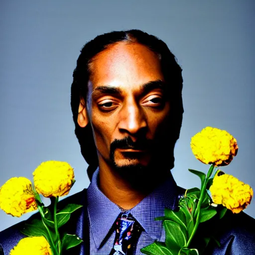 Prompt: cyperpunk Snoop Dogg holding a Vase of flowers for a 1990s sitcom tv show, Studio Photograph, portrait, C 12.0