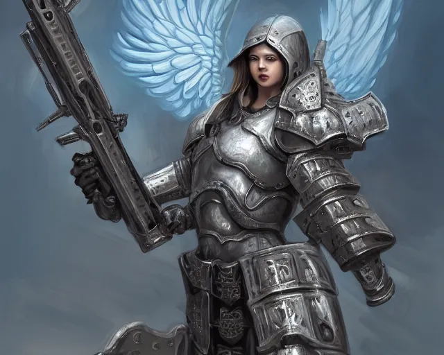 Prompt: a digital painting of an angel in armor akimbo holding two massive guns!!!!!!!!!, a digital rendering by shenpei wu 舰 真 and lennard claussen and sergey samsonov, fantasy art, artstation hd, apocalypse art, highly detailed, 8 k resolution