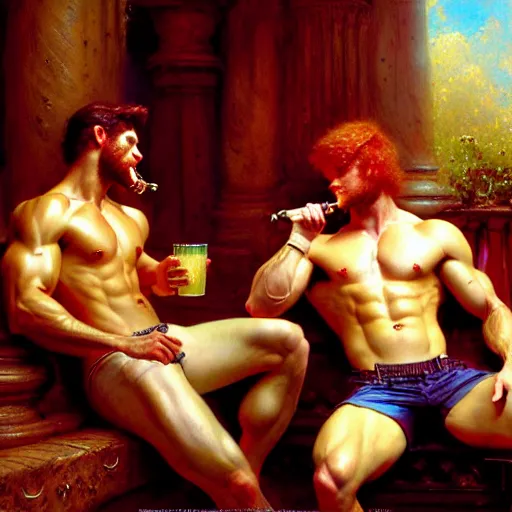 Image similar to attractive muscular mike with ginger hair with attractive tyler with brunet hair, drinking their hearts out, in their noble mansion. image defined to the maximum and highly detailed painting by gaston bussiere, craig mullins 8 k