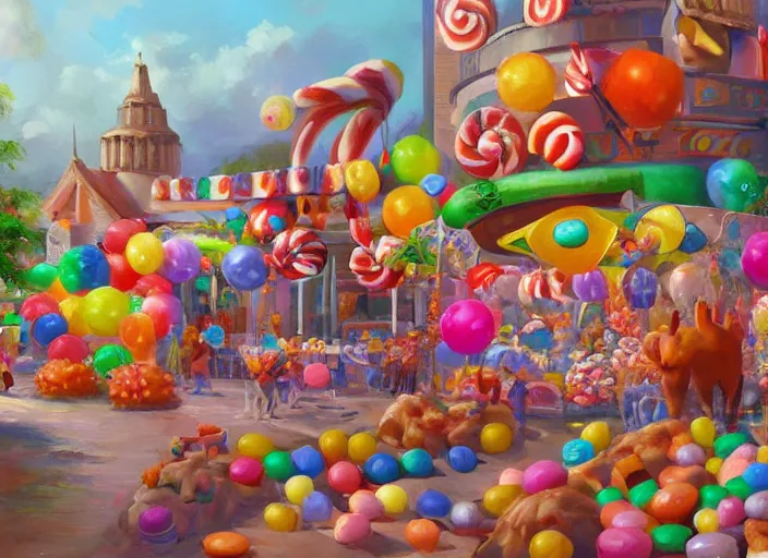 Prompt: candy zoo for a game candy themed, top angle, oil painting by jama jurabaev, extremely detailed, brush hard, artstation, for aaa game, high quality, brush stroke