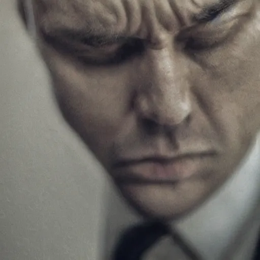 Prompt: Photo of a stern man in a beige peak lapel suit with a sad and melancholic look, grieving, chiaroscuro, facing the camera, closeup shot, cinematic promo material, by Guy Denning