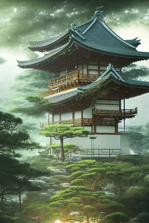 Image similar to Japanese Buddhist temple in the middle of a forest of bonsai and bamboo, powerfull, intricate, elegant, volumetric lighting, digital painting, highly detailed, artstation, sharp focus, illustration, concept art, ruan jia, steve mccurry