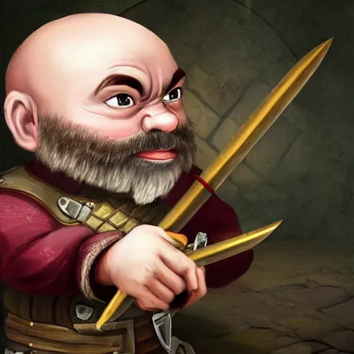 Image similar to bald dwarf with white beard, holding a dagger and bomb, dnd, high detail, fantasy,