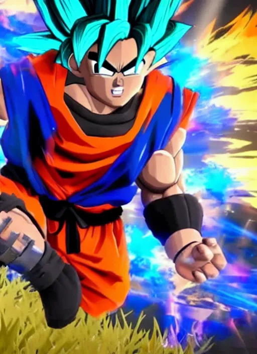 Image similar to game still of a sayan goku as a fortnite skin in fortnite by fortnite, pose.