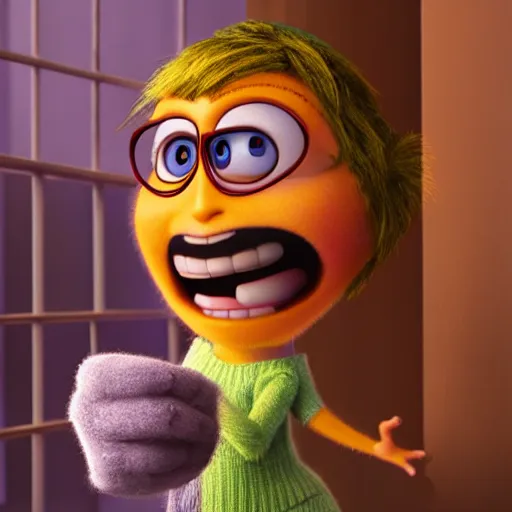 Image similar to “ bing bong from inside out, living in an apartment and checking job advertisements, gritty, 4 k, photograph ”