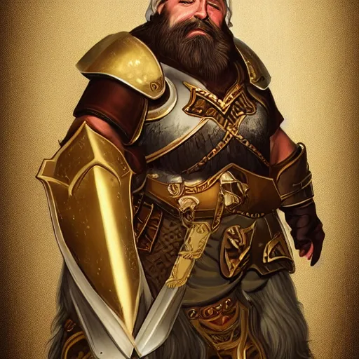 Prompt: portrait, 40 years old man :: fantasy dwarf :: thick beard, brown eyes, short pure white hair :: full plate armor, golden decoration :: high detail, digital art, RPG, concept art, illustration