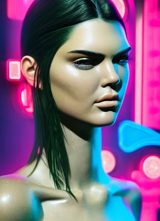 Image similar to a sensual kendall jenner humanoid with freckles cheeks, cyber neon lighting, futurism, intricate futuristic jewelry accessories, cyberpunk glossy latex swimsuit, profile posing, hyper photorealistic, crispy quality, digital photography, trending in artstation, trending in pinterest, cinematic, 4 k ultra hd, art by pascal blanche, art by greg rutkowski,