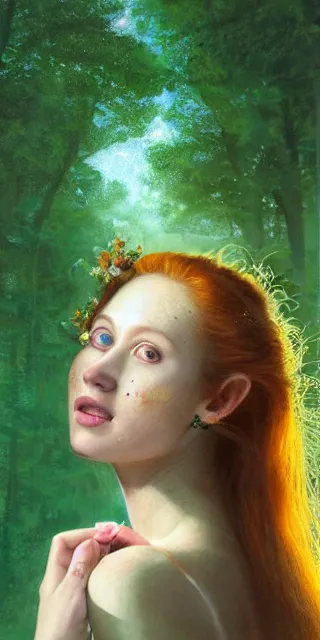 Image similar to young woman, smiling amazed, among firefly lights, full covering intricate detailed dress, amidst nature, long red hair, precise linework, accurate green eyes, small nose with freckles, beautiful oval shape face, empathic, expressive emotions, dramatic lights, hyper realistic ultrafine art by artemisia gentileschi, jessica rossier, boris vallejo