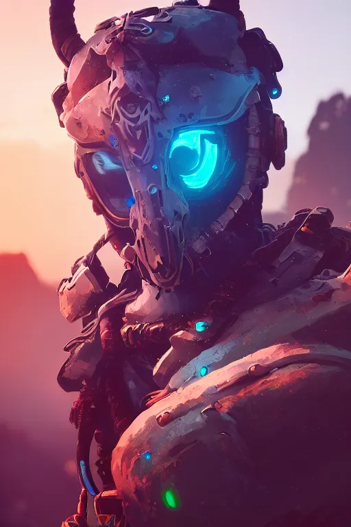 Image similar to combination suit armor aloy horizon forbidden west horizon zero dawn radiating a glowing aura global illumination ray tracing hdr fanart arstation by ian pesty and alena aenami artworks in 4 k tribal robot ninja mask helmet backpack