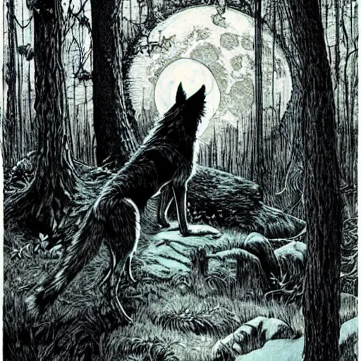 Prompt: a wolf in the forest at night watches the moon, Bernie Wrightson