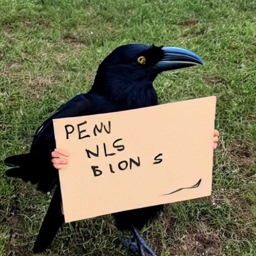 Prompt: a photo of a crow begging for peanuts with a handwritten cardboard sign.