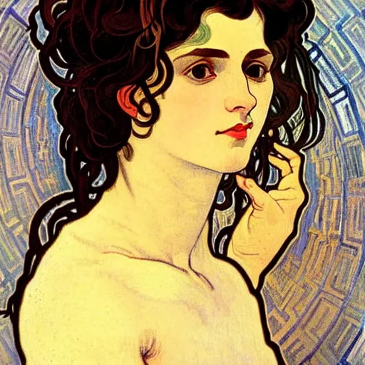 Image similar to painting of handsome beautiful dark medium wavy hair woman in his 2 0 s, dressed as an oracle, foreseeing the future, elegant, clear, painting, stylized, delicate, soft facial features, art, art by alphonse mucha, vincent van gogh, egon schiele